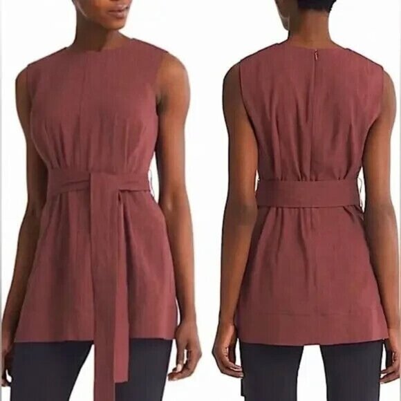 MM Lafleur The Angelina Black Tunic Belt Tie Top in Stretch Linen Split Side‎ 4 - Picture 1 of 7